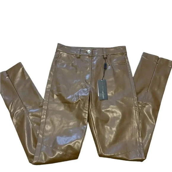Marc Cain Skinny Fit Faux Leather Pants Designer Cognac Tan SZ N 3 US 8 NWT $400 - Picture 4 of 9